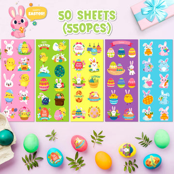 LINAYE 50 Sheets Easter Stickers for Kids - 550PCS Assorted Easter Stickers Bulk for Egg Treats Basket Stuffers Gift Party Favor Supplies for Kids