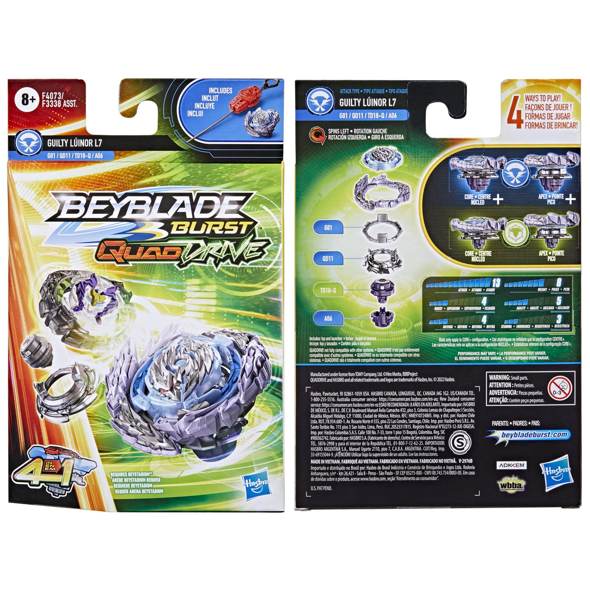 Beyblade Burst QuadDrive Guilty Lúinor L7 Spinning Top Starter Pack - Attack/Defense Type Battling Game with Launcher, Toy for Kids