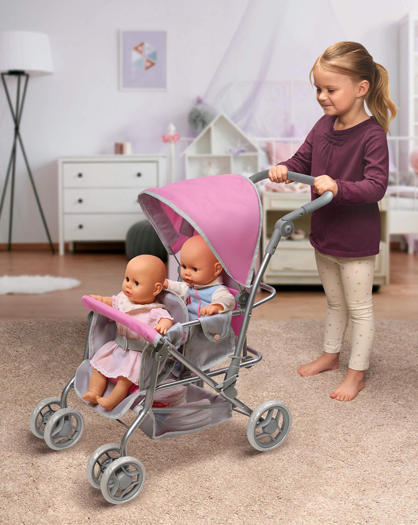Badger Basket Double Doll Stroller - Pram for Baby Doll with Adjustable Seats & Storage Basket - Fits Doll Up to 20 Inches - Best for Toddler and Kid