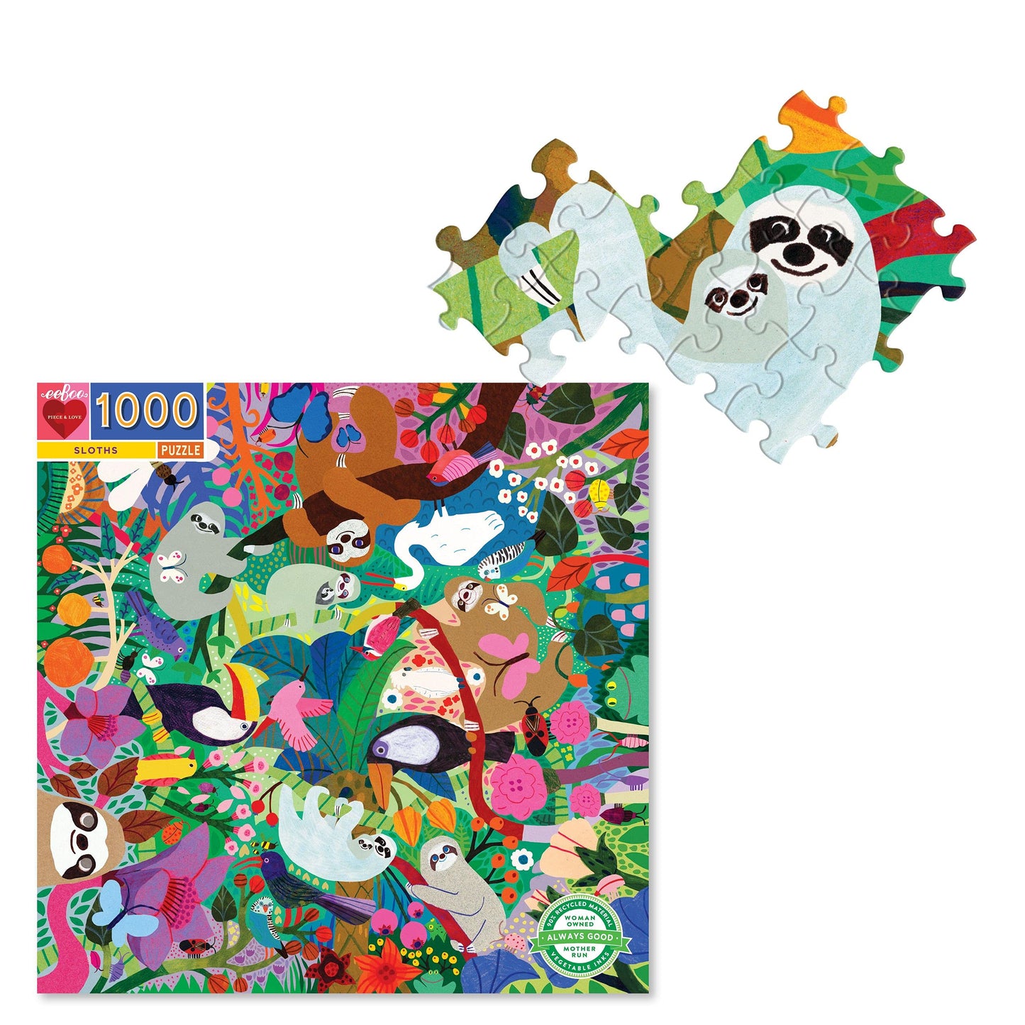 eeBoo: Piece and Love Sloths 1000 Piece Square Adult Jigsaw Puzzle, Puzzle for Adults and Families, Glossy, Sturdy Pieces and Minimal Puzzle Dust