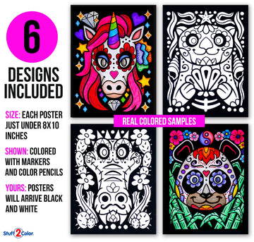 Stuff2Color Amazing Animals - 6 Pack of Fuzzy Black Velvet Coloring Posters - (Great for Kids, Adults, Group Activities) - Includes Unicorn, Panda