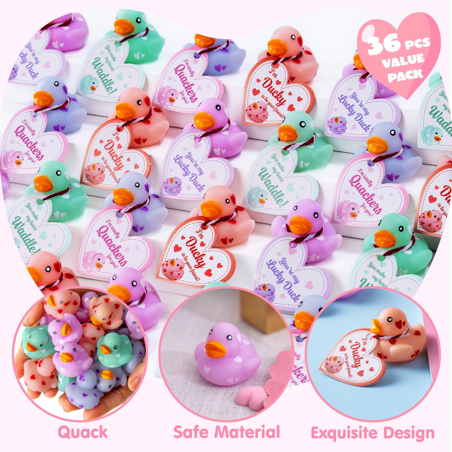 JOYIN 36 Pcs Valentine’s Day Mini Rubber Ducks with Cards for Kids, 4 Colors Duckies Bath Toys with 4 Card Designs for Classroom Exchange Prizes