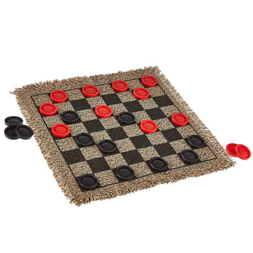3-in-1 Mini Checkers Rug + Classic & Mega Tic Tac Toe - Portable Compact 12" x 12" Reversible Checkerboard Rug - Travel, Parties, Games on The Go