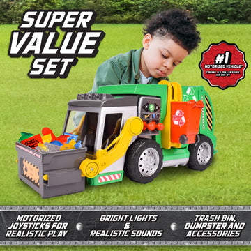Maxx Action Large Motorized 19" Maxx Action Garbage Truck Toy Set with Lights and Sound Includes Dumpster, Trash Bin and Miniature Trash Pieces