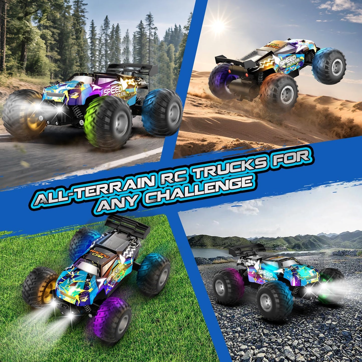 All Terrain Remote Control Car for Boy with LED Lights 2 Batteries 20 KM/H