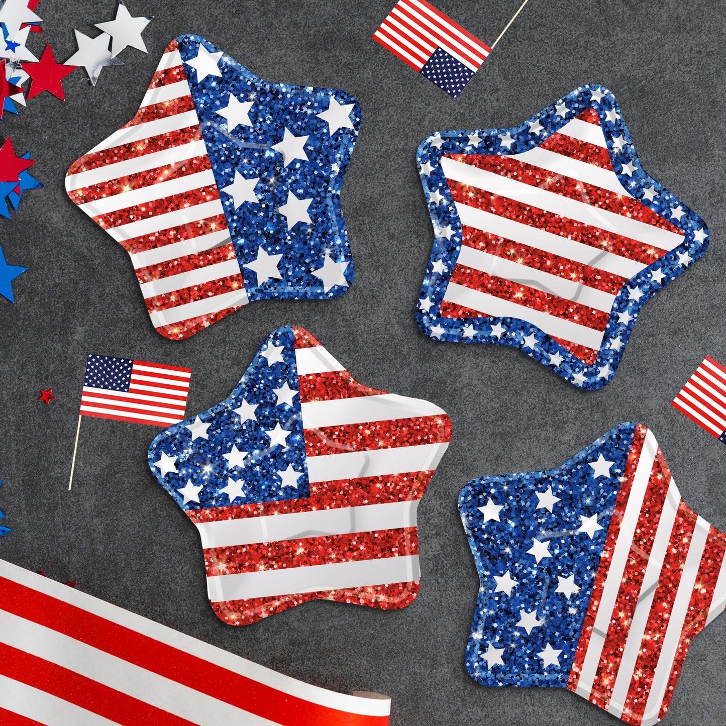 24 Pcs 4th of July Paper Plates - American Flag Patriotic Plate, Disposable Red White and Blue Star Shaped Dinner Dessert Plates Tableware for July