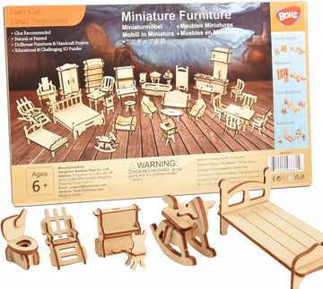 BOHS 34-Piece Dollhouse Furniture Set -1/24 Scale, Laser Cut Wooden 3D Puzzles - Miniature Doll House DIY Models and Accessories