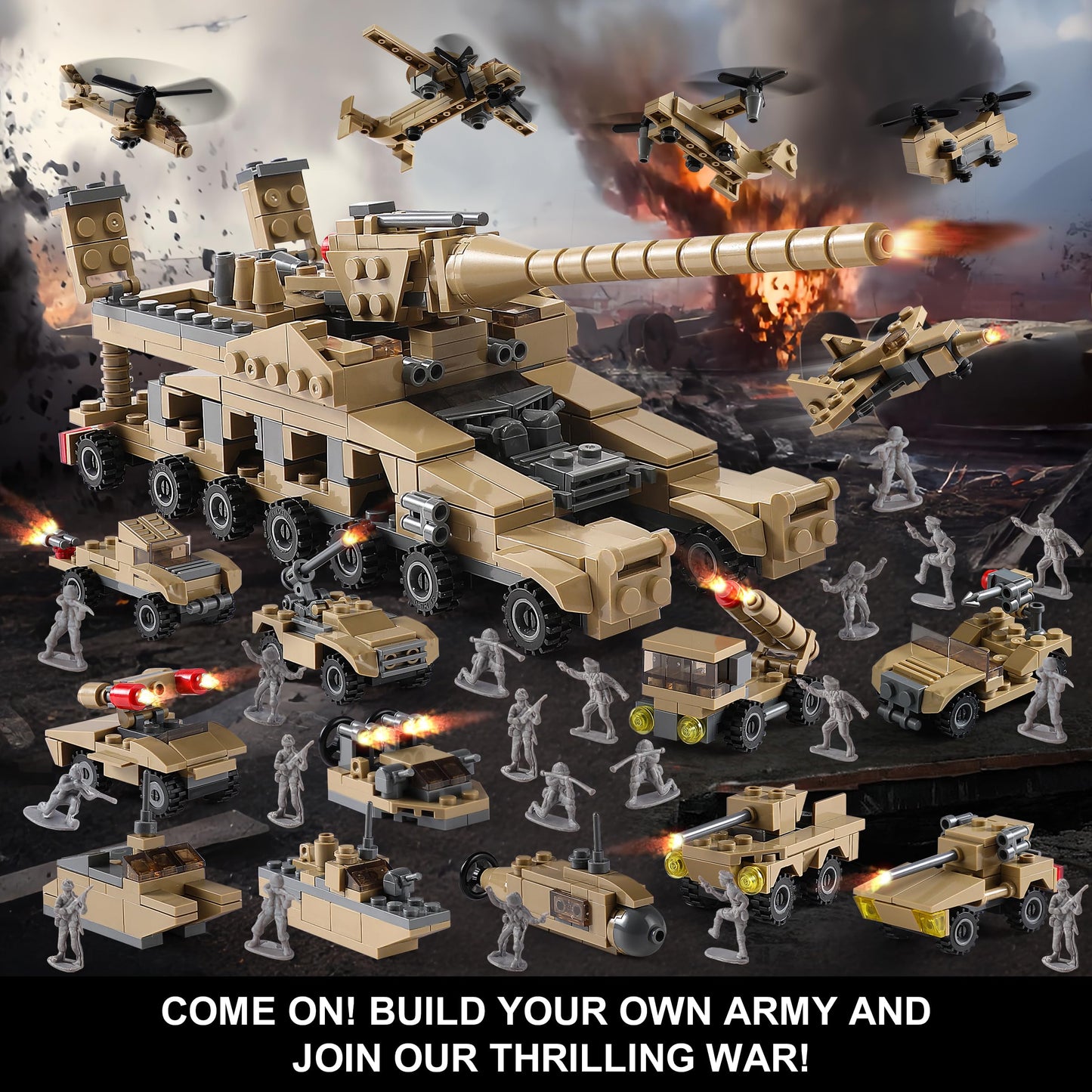 WW2 Army Tank Toys Building Sets Compatible with Lego, Create a German Dora Cannon or 16 Military Vehicles with 20 Toy Soldiers, STEM Toys for Boys