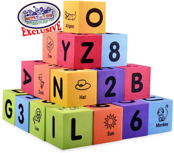 Matty's Toy Stop Deluxe 2" EVA Foam Colorful Building Blocks (30 PCS) Featuring Abc's, Numbers & Pictures with Bonus Storage Bag