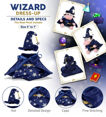 DolliBu Wizard Stuffed Animal Dress Up Set - Cute Teddy Bear Wizard Costume with Blue Cape and Hat with Silver Stars - Large for 8 to 10 Inch Plush