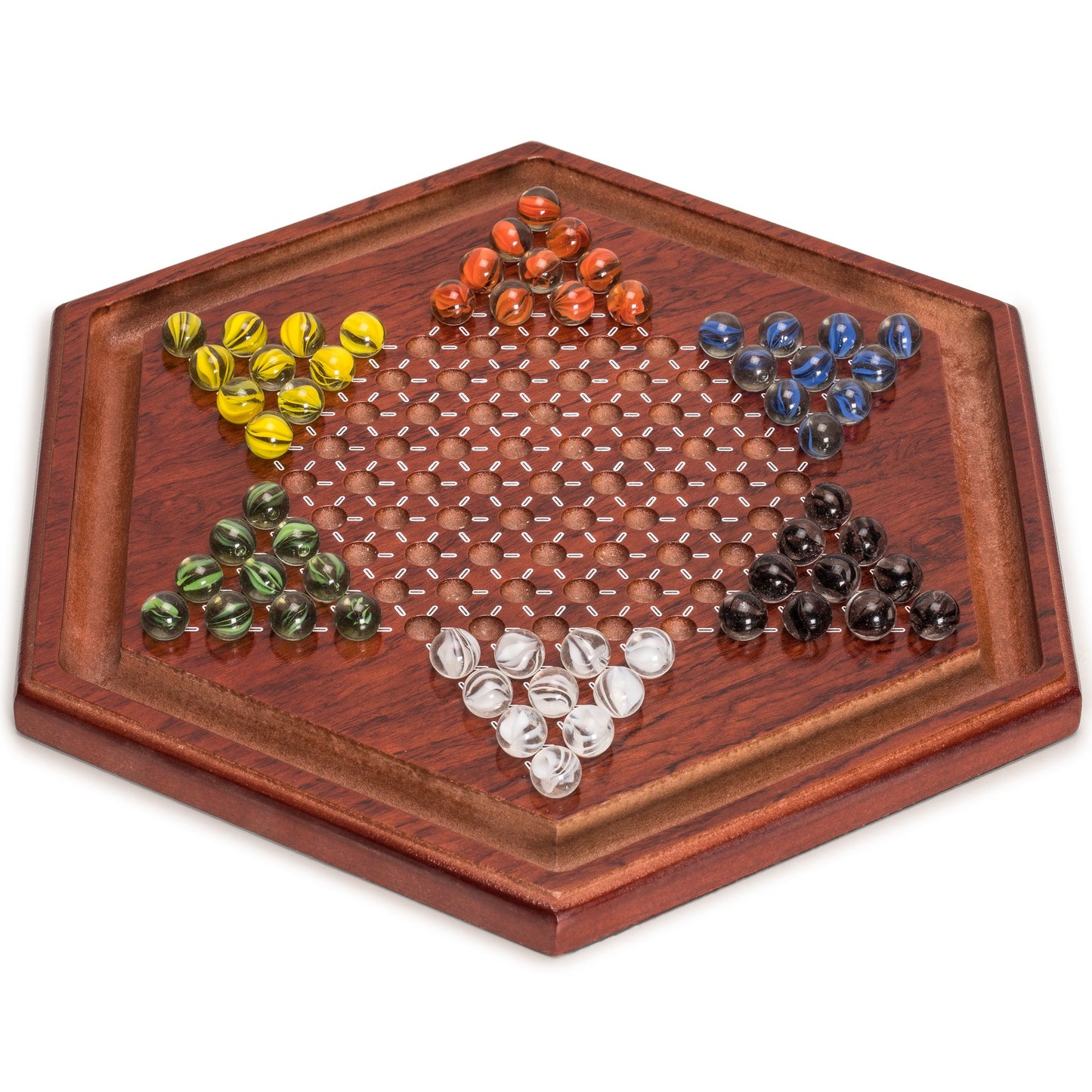 Yellow Mountain Imports Wooden Chinese Checkers Halma Board Game Set - 13.6-Inch - with 60 Colored Petal-Style Glass Marbles (16-Millimeter) - Classic