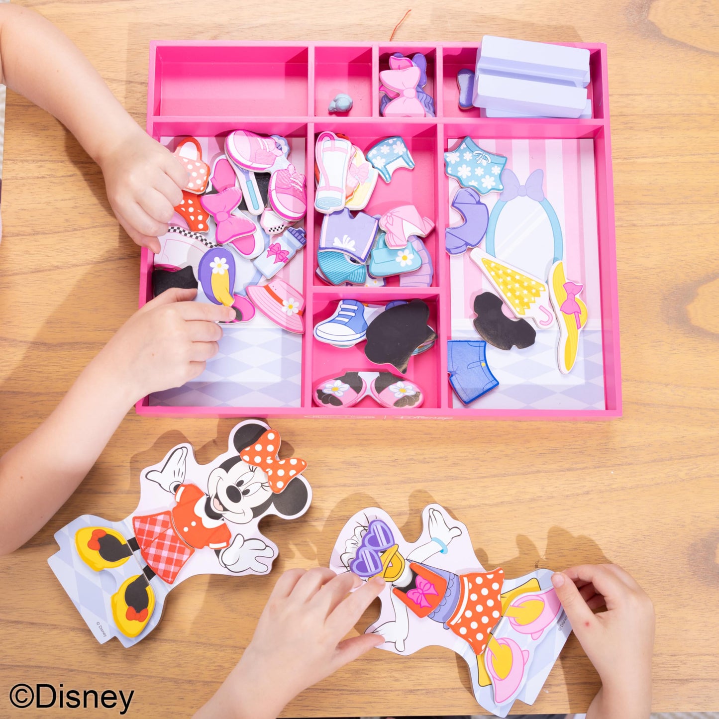Melissa & Doug Disney Minnie Mouse and Daisy Duck Deluxe Wooden Magnetic Dress-Up; 2 Fashion Dolls with Stands for Pretend Play, 52 Pieces - FSC