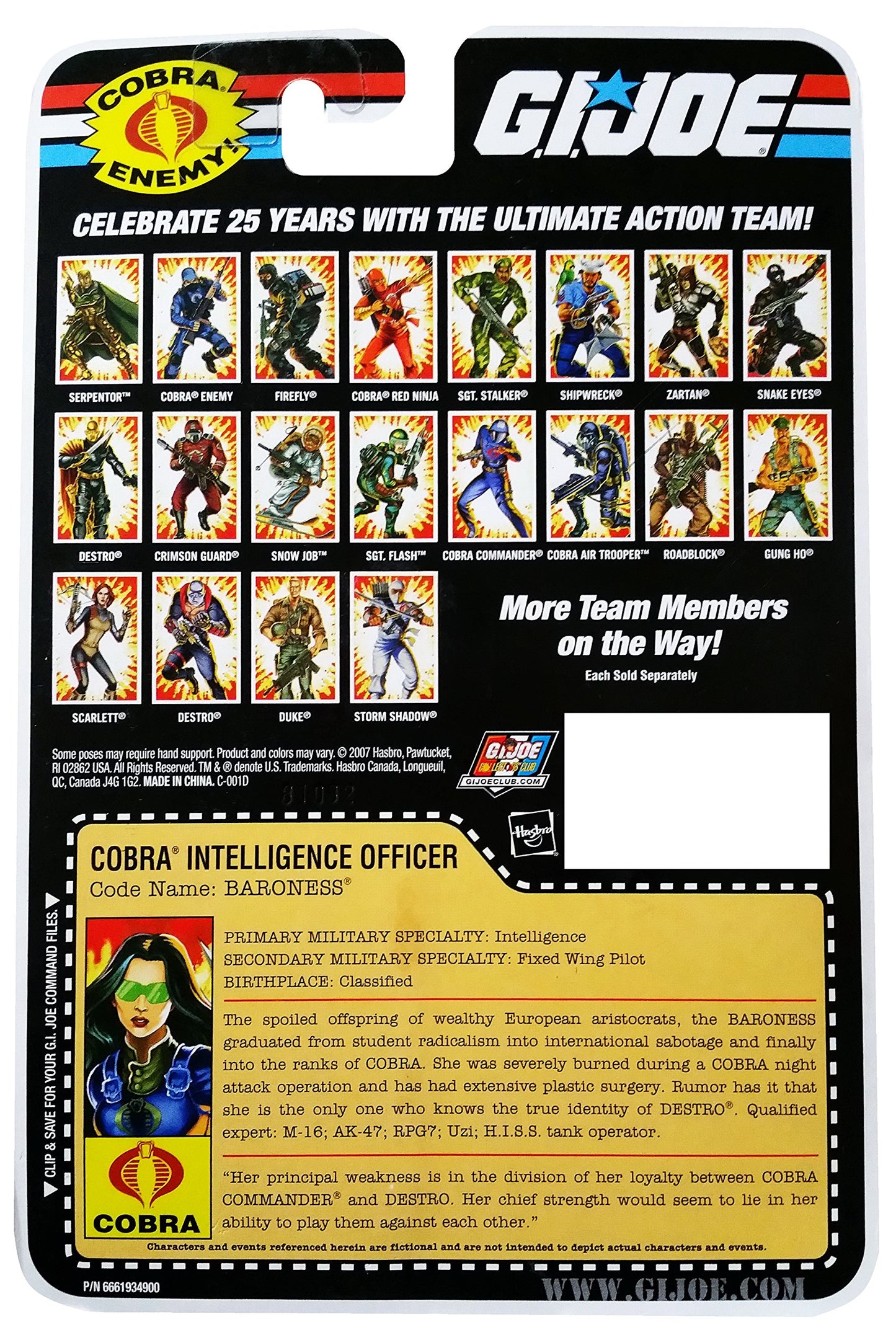 G.I. Joe 25th Anniversary Cartoon Series Cardback: Baroness (Cobra Intelligence Officer) 3.75 Inch Action Figure