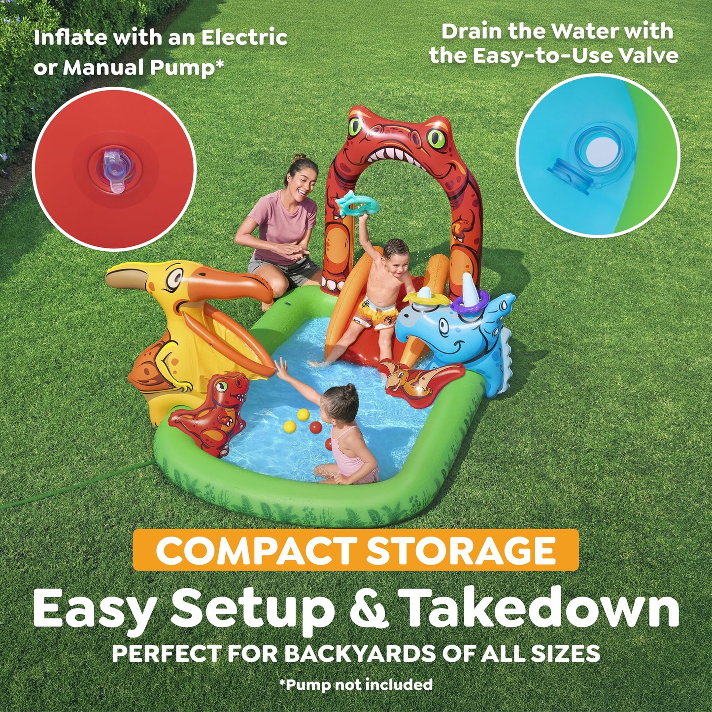H2OGO! Jurassic Splash Inflatable Water Play Center, 7'11" x 55" x 54" Kids Outdoor Activity Center with Water Archway Slide, Games, & Splash Pool