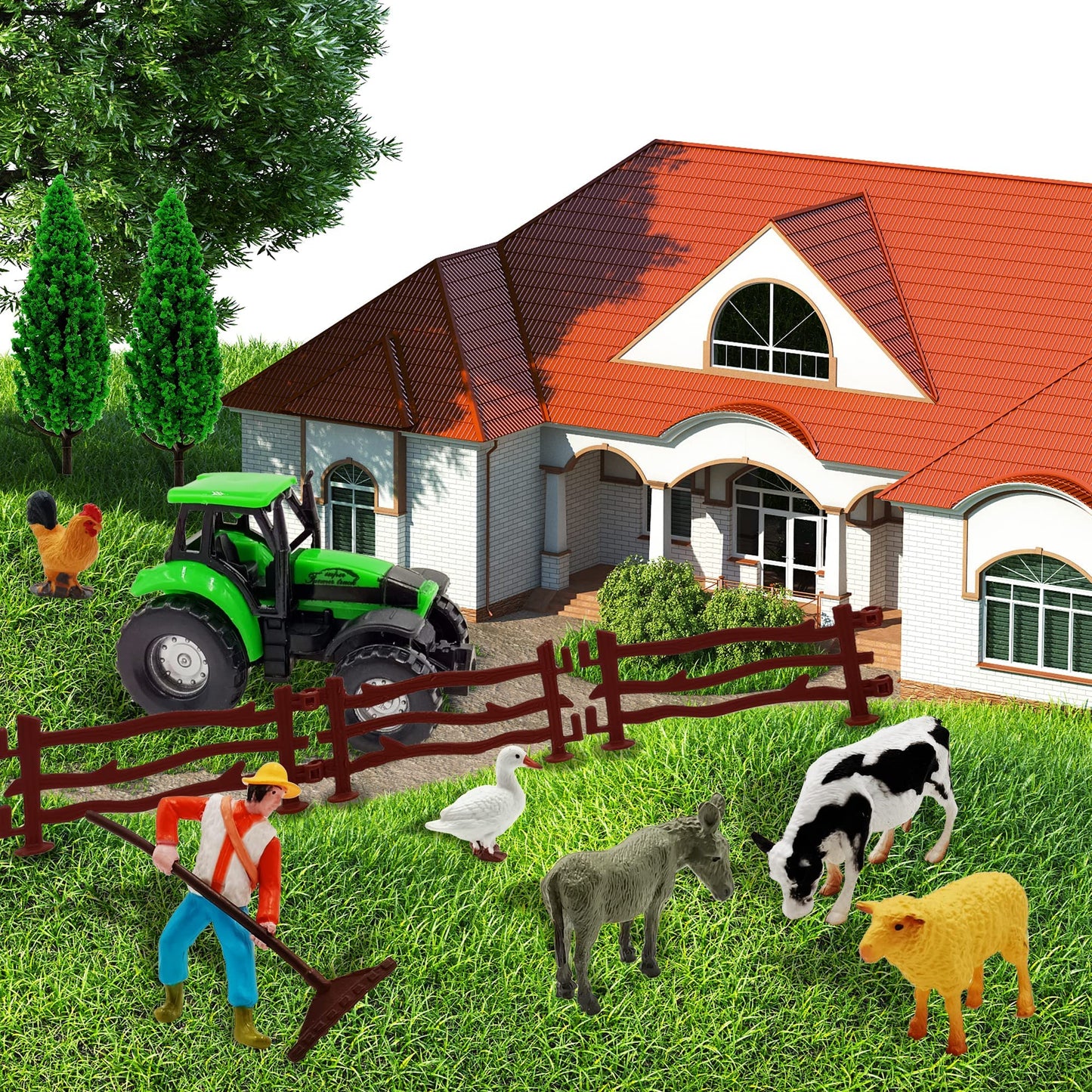 26 PCS Mini Farm Animal Tractor Cake Topper Set with Tree Farmer Fences Cow Pig Sheep Figures Tractor farmer Cake Topper for Boy Girl Birthday Party
