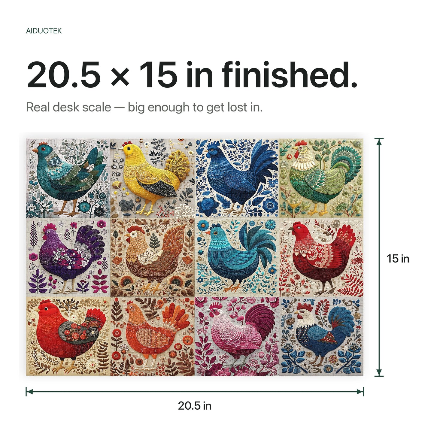 Folk Art Rooster Chicken 500 Piece Jigsaw Puzzle for Adults, Colorful Farmhouse Botanical Embroidery Style Animal Puzzle, 20.5 x 15 in