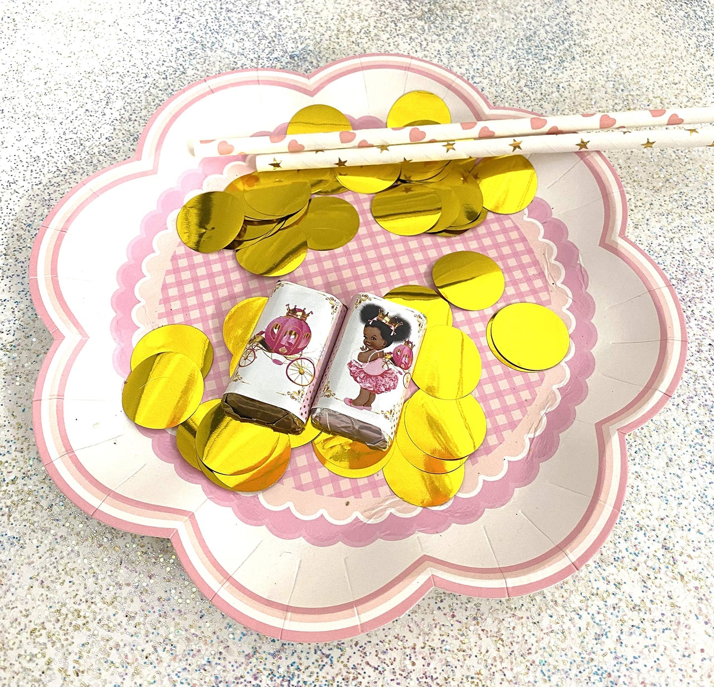 Princess Party Favor Labels, African American Princess with Gold Crown Candy Wrappers, Set of 54