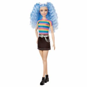 Barbie Fashionistas Doll with Long Blue Crimped Hair, Star Face Makeup, Multi-Color Striped Tee, Denim Skirt, Black Boots & Silvery Chain Belt, Toy