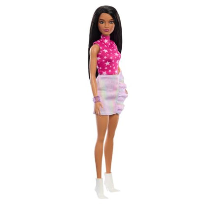 Barbie Fashionistas Doll #215 with Black Straight Hair, Pink Star-Print Top & Iridescent Skirt, 65th Anniversary Collectible Toy