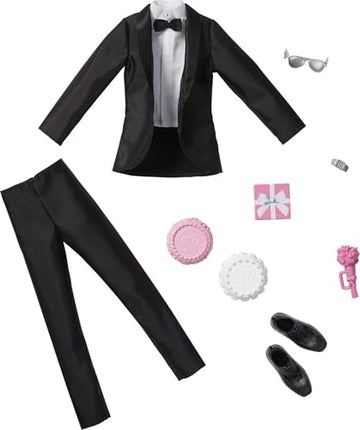 Barbie Fashion & Accessories Pack, Bridal Set with Groom Outfit for Ken Doll with Tuxedo, Shoes, Watch, Wedding Cake with Tray & Bouquet