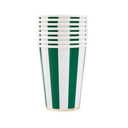 Bonjour Fête Green Cabana Stripe Paper Party Cups | Disposable Cups for Holidays, St. Patrick's Day, Christmas & Birthdays | Premium 12oz Party
