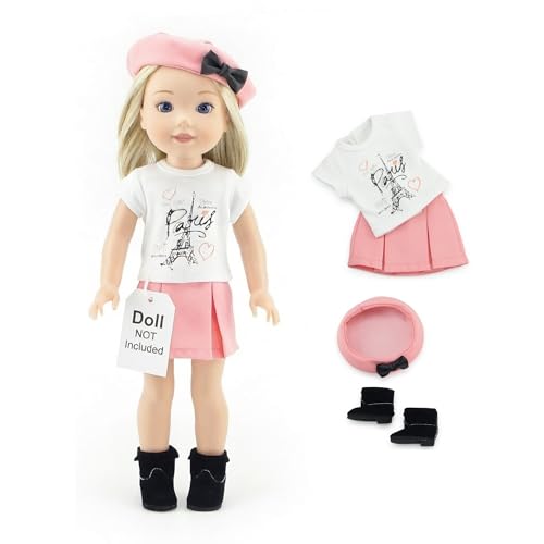 Emily Rose 14" Doll Parisian Outfit 5-PC - Pink Skirt, Paris Tee, Beret & Boots | Glitter Girls and Wellie Wishers Compatible | Gift Boxed | Doll NOT