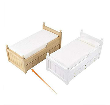 EatingBiting 1:12 Furniture Wooden Wood Color Trundle Wooden Bed Miniature Bed with Bedding and Decorative Pillow Pull-Out Type