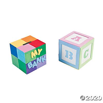 Fun Express DIY Unfinished Wood Block Piggy Bank for Kids Girls - Wooden Savings Box Craft Kit Makes 12 - Cute Coin Bank for Baby Shower Blocks