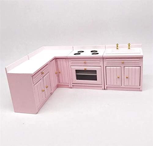 EatingBiting 1:12 Dollhouse Miniature Furniture Kitchen Wooden Pink Combination Cabinet Sink Counters 1/12 Scale Dollhouse Miniature Furniture Deluxe