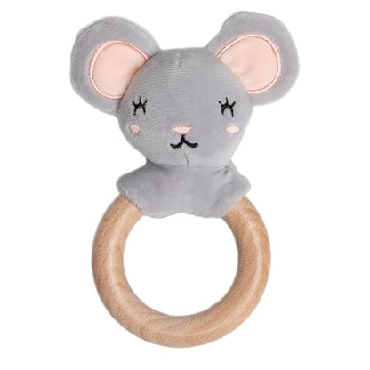 Pearhead Mouse Wooden Baby Teether - Soft Plush Lovey with Natural Wood Rattle Ring, BPA-Free, Soothes Infant Gums, Multi-Sensory Newborn Essential