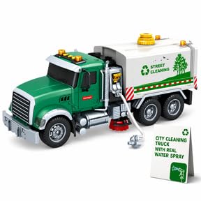 City Cleaning Truck with Real Water Spray | Street Sweeper Toy with Light & Sound Effects | Friction Garbage Truck Toys | Kids Trash Trucks | Holiday