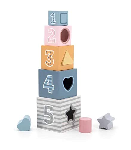 moderngenic Geometric Wooden Boxes | Blocks Stacker, Stacking & Nesting Educational Tower with Shapes, Pictures of Animals and Numbers for Toddlers