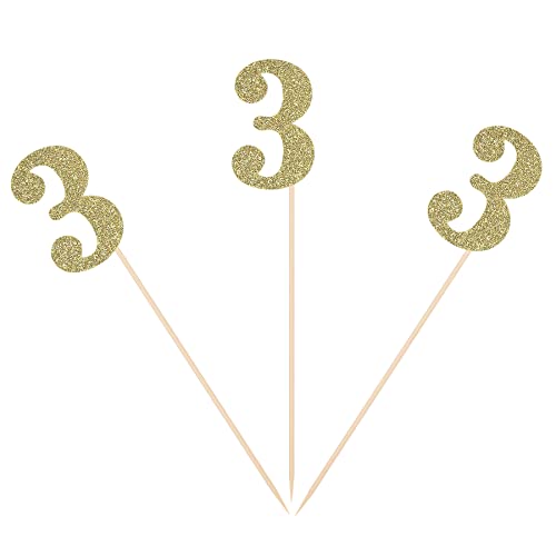 Third Birthday Centerpiece Sticks Gold Glitter Number 3 Party Table Toppers Flower Picks Anniversary Party Supplies - Pack of 10