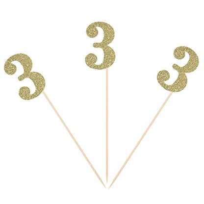 Third Birthday Centerpiece Sticks Gold Glitter Number 3 Party Table Toppers Flower Picks Anniversary Party Supplies - Pack of 10