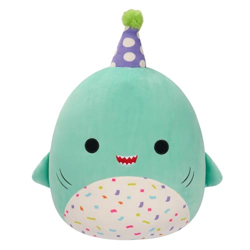 Squishmallows Original 12-Inch Sharon The Teal Shark with Party Hat + Confetti Belly - Official Jazwares “Happy Birthday” Plush (Medium-Sized)