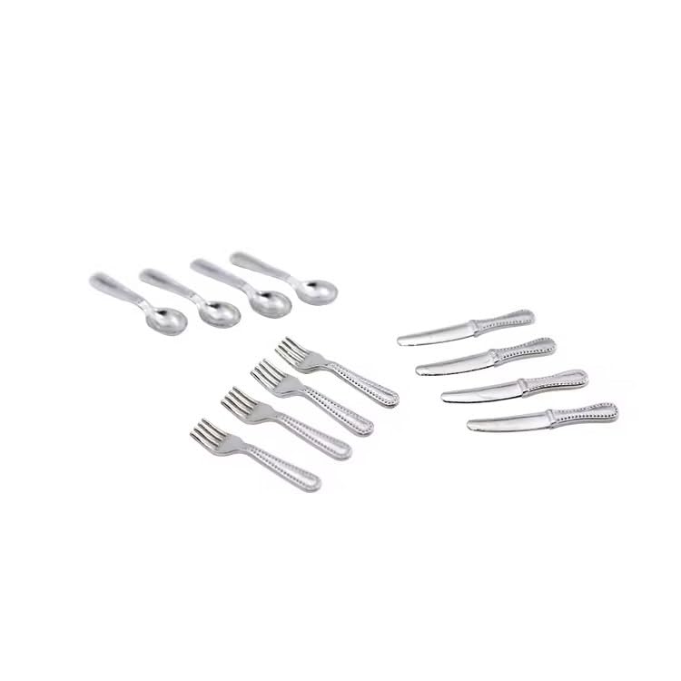 12 Pcs Silver 1/12 Miniature Silverware Knife Fork Spoon 12Pcs Set Dollhouse Decoration Accessories, Miniature Dollhouse mini Knives for Cupcake