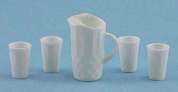 Dollhouse Miniature 1:12 Scale Pitcher and 4 Tumblers, White