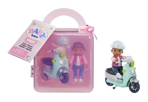 Baby Born MINIS Playset - Medium Tan Skin Tone Doll with Brown Eyes, Scooter & Helmet Accessory, Includes Reusable Carrying Case for On-The-Go