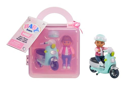 Baby Born MINIS Playset - Medium Tan Skin Tone Doll with Brown Eyes, Scooter & Helmet Accessory, Includes Reusable Carrying Case for On-The-Go