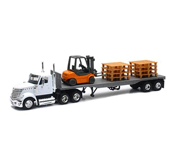 New-Ray 16643 Newray 1: 43 Long Haul Trucker - International Lonestar Flatbed with Forklift & Pallets, White,unisex-children