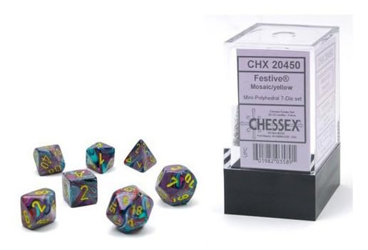 Chessex Dice Set - 10mm Festive Mosaic/Yellow Plastic Polyhedral Dice Set - Dungeons and Dragons D&D DND TTRPG Dice - Includes 7 Dice - D4 D6 D8 D10