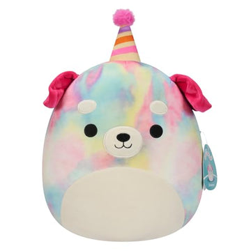 Squishmallows Original 12-Inch Delenne The Rainbow Tie-Dye Dog with Party Hat - Official Jazwares “Happy Birthday” Plush (Medium-Sized)