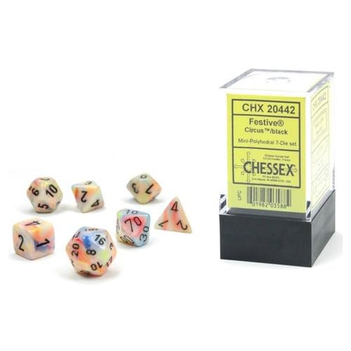 Chessex Dice Set - 10mm Festive Circus/Black Plastic Polyhedral Dice Set - Dungeons and Dragons D&D DND TTRPG Dice - Includes 7 Dice - D4 D6 D8 D10