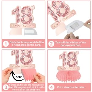 Happy 18th Birthday Rose Gold Table Honeycomb Centerpieces Balloons Theme Decor Table Decorations Table Toppers for Girls Women Sweet Princess 18