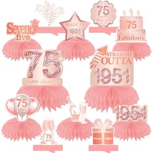 Happy 75th Birthday Rose Gold Table Honeycomb Centerpieces Balloons Theme Decor Table Decorations Table Toppers for Girls Women Sweet Princess 75