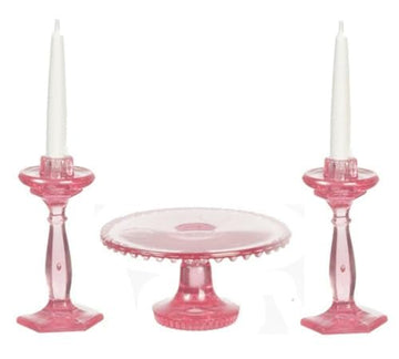 Dollhouse Miniature Chrysnbon Pink Cake Plate & Candlesticks Mini-kit