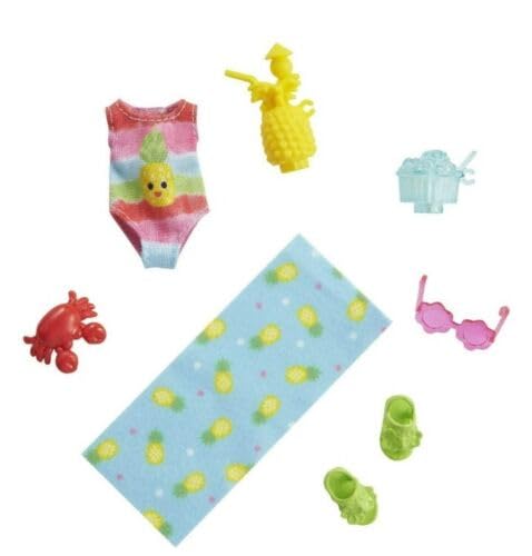 Barbie Chelsea Beach & Tea Party Accessory Fashion Pack Bundle - Mix of Beachwear & Tea Party Essentials for Chelsea Doll | Ages 3+