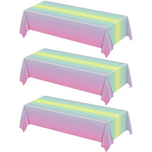 BASHLY 3-Pack Rainbow Tablecloths - 86"x51" Plastic Pastel Table Cloths Rainbow Party Decorations for Girl Birthday, Princess Party, Baby Showers