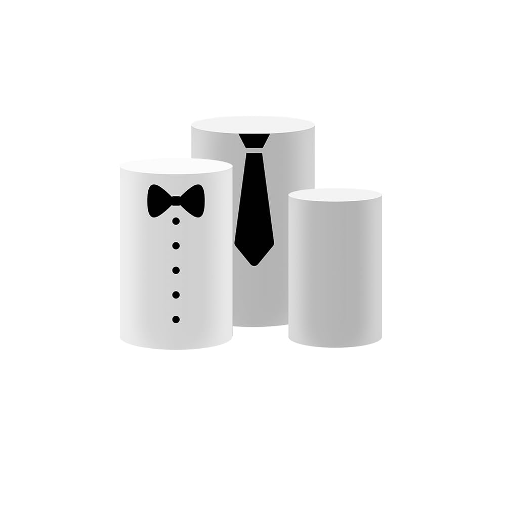 ittsmnt Cylinder Covers Set of 3 Pieces Black Stripes Bow Tie Pedestal Plinth Stand Covers Boys Baby Shower Birthday Party Tablecloth Decorations (Set