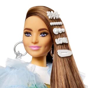 Barbie Extra Doll & Accessories with Long Brunette Hair and Bling Clips in Multi-Colored Dress with Pet Crocodile